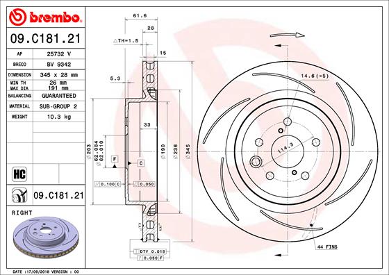 Bremsscheibe Hinterachse rechts Brembo 09.C181.21 von Brembo