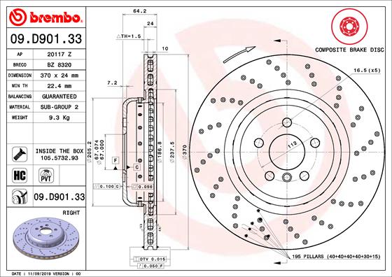 Bremsscheibe Hinterachse rechts Brembo 09.D901.33 von Brembo