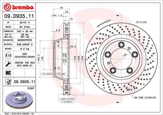 Bremsscheibe Hinterachse rechts Brembo 09.D935.11 von Brembo