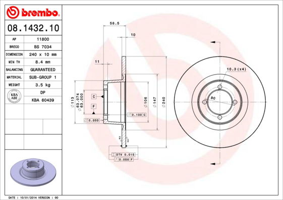 Bremsscheibe Vorderachse Brembo 08.1432.10 von Brembo