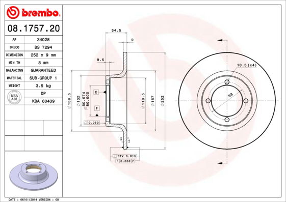 Bremsscheibe Vorderachse Brembo 08.1757.20 von Brembo