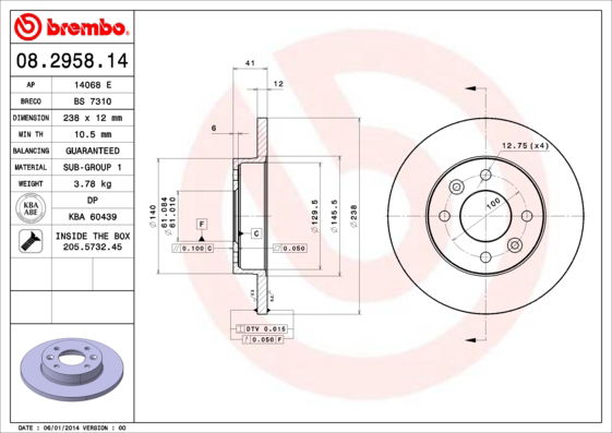 Bremsscheibe Vorderachse Brembo 08.2958.14 von Brembo