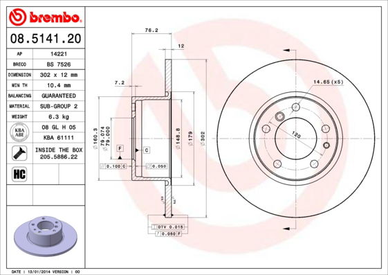 Bremsscheibe Vorderachse Brembo 08.5141.20 von Brembo