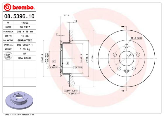 Bremsscheibe Vorderachse Brembo 08.5396.10 von Brembo