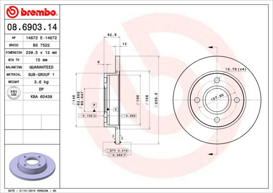 Bremsscheibe Vorderachse Brembo 08.6903.14 von Brembo