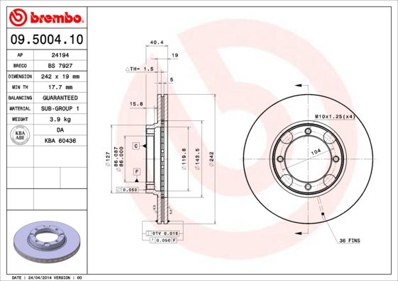 Bremsscheibe Vorderachse Brembo 09.5004.10 von Brembo