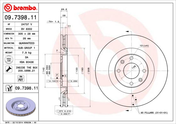 Bremsscheibe Vorderachse Brembo 09.7398.11 von Brembo