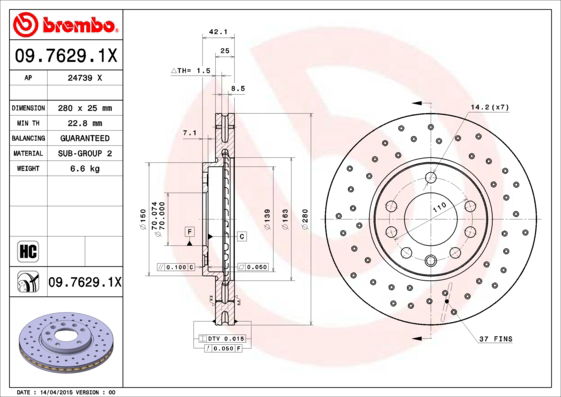 Bremsscheibe Vorderachse Brembo 09.7629.1X von Brembo