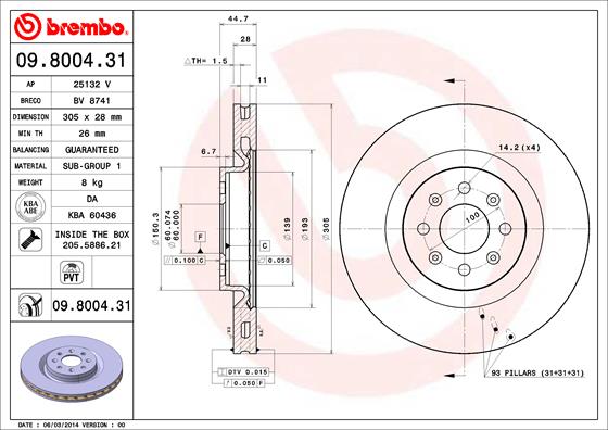 Bremsscheibe Vorderachse Brembo 09.8004.31 von Brembo