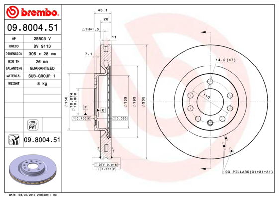 Bremsscheibe Vorderachse Brembo 09.8004.51 von Brembo