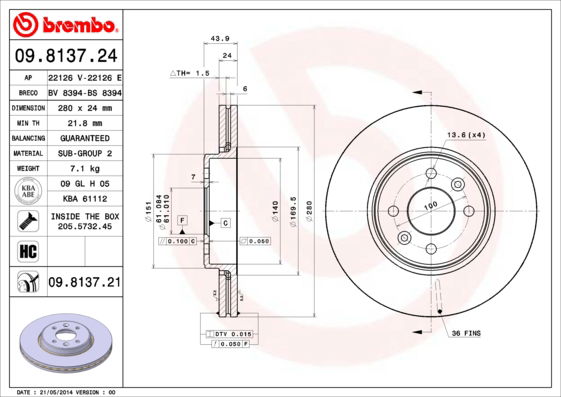 Bremsscheibe Vorderachse Brembo 09.8137.21 von Brembo