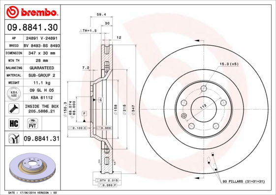 Bremsscheibe Vorderachse Brembo 09.8841.31 von Brembo