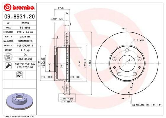 Bremsscheibe Vorderachse Brembo 09.8931.21 von Brembo