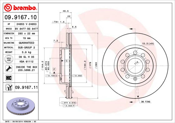 Bremsscheibe Vorderachse Brembo 09.9167.11 von Brembo