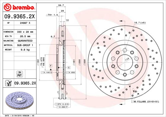 Bremsscheibe Vorderachse Brembo 09.9365.2X von Brembo