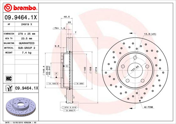 Bremsscheibe Vorderachse Brembo 09.9464.1X von Brembo