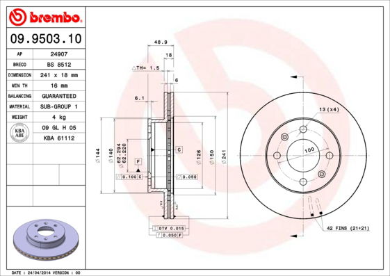 Bremsscheibe Vorderachse Brembo 09.9503.10 von Brembo