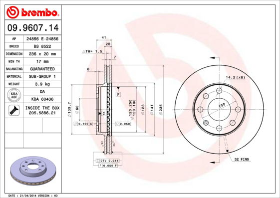 Bremsscheibe Vorderachse Brembo 09.9607.14 von Brembo