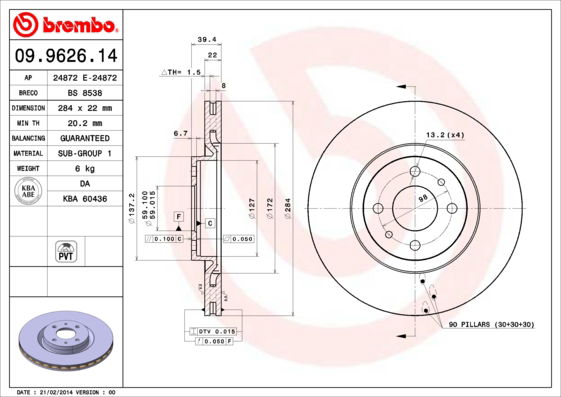 Bremsscheibe Vorderachse Brembo 09.9626.14 von Brembo