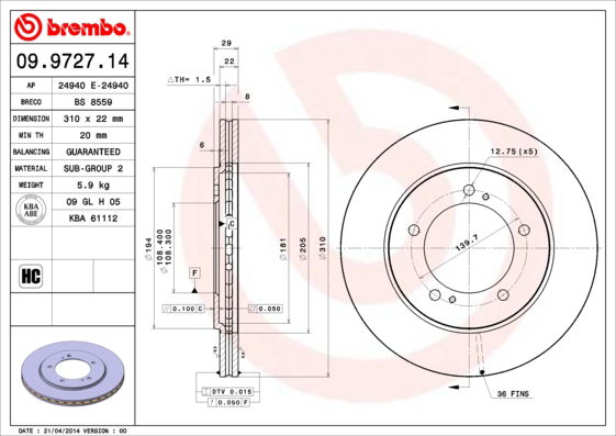 Bremsscheibe Vorderachse Brembo 09.9727.14 von Brembo