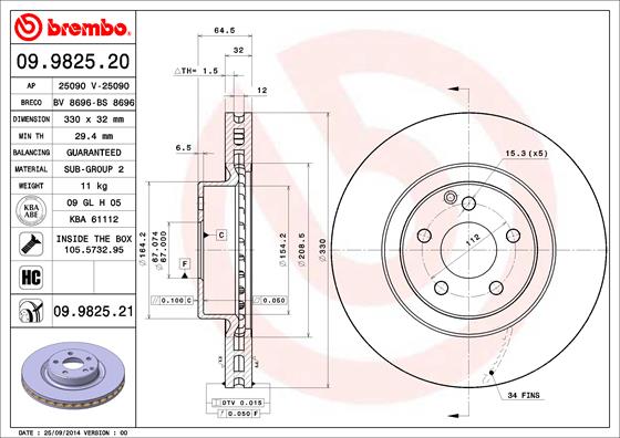 Bremsscheibe Vorderachse Brembo 09.9825.21 von Brembo