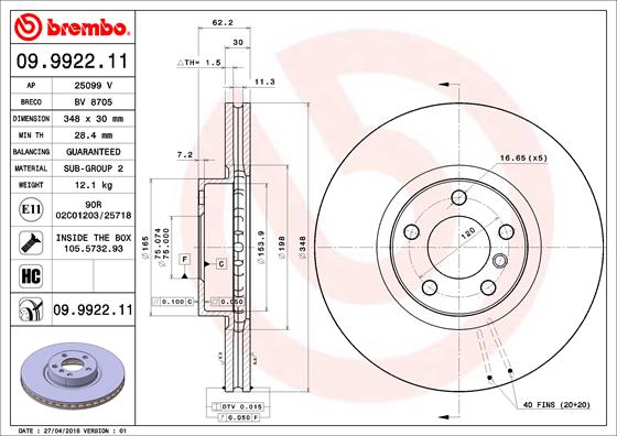 Bremsscheibe Vorderachse Brembo 09.9922.11 von Brembo