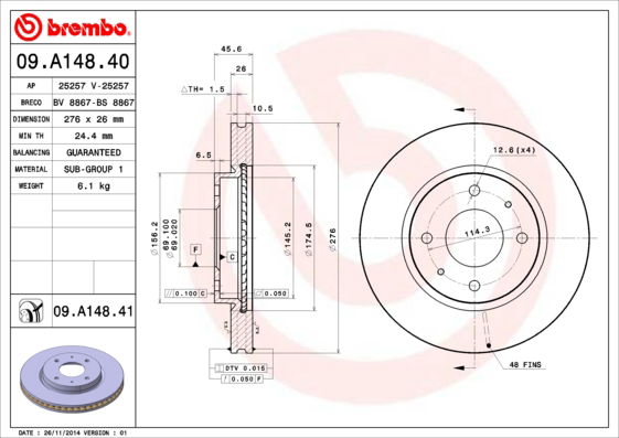 Bremsscheibe Vorderachse Brembo 09.A148.41 von Brembo