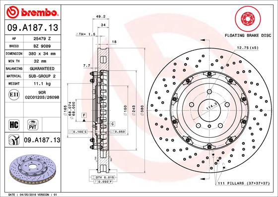 Bremsscheibe Vorderachse Brembo 09.A187.13 von Brembo