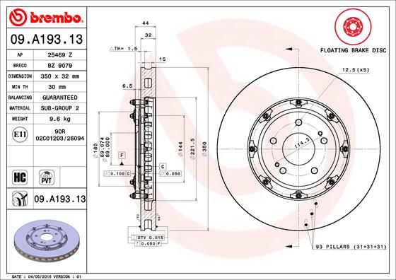 Bremsscheibe Vorderachse Brembo 09.A193.13 von Brembo