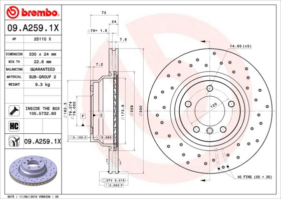 Bremsscheibe Vorderachse Brembo 09.A259.1X von Brembo