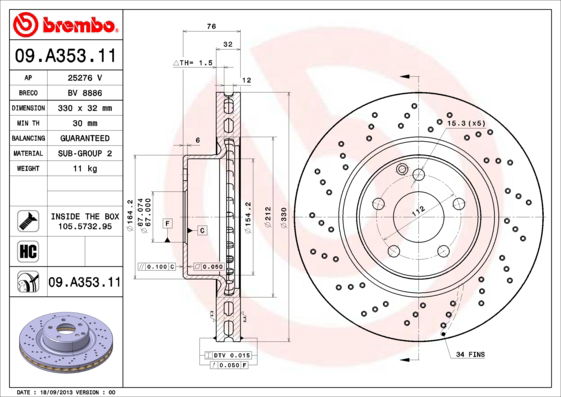 Bremsscheibe Vorderachse Brembo 09.A353.11 von Brembo