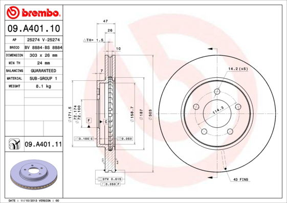 Bremsscheibe Vorderachse Brembo 09.A401.11 von Brembo