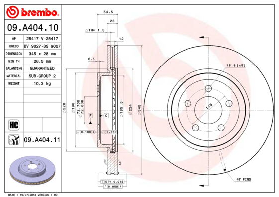 Bremsscheibe Vorderachse Brembo 09.A404.11 von Brembo