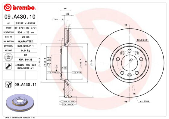 Bremsscheibe Vorderachse Brembo 09.A430.11 von Brembo