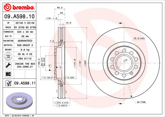 Bremsscheibe Vorderachse Brembo 09.A598.11 von Brembo