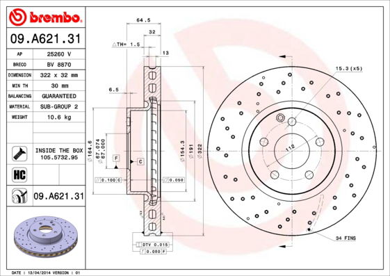 Bremsscheibe Vorderachse Brembo 09.A621.31 von Brembo