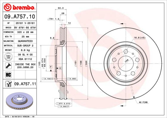 Bremsscheibe Vorderachse Brembo 09.A757.11 von Brembo