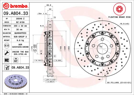 Bremsscheibe Vorderachse Brembo 09.A804.33 von Brembo