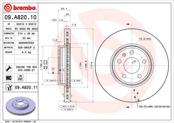 Bremsscheibe Vorderachse Brembo 09.A820.11 von Brembo