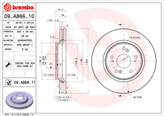 Bremsscheibe Vorderachse Brembo 09.A866.11 von Brembo