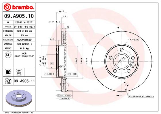 Bremsscheibe Vorderachse Brembo 09.A905.11 von Brembo