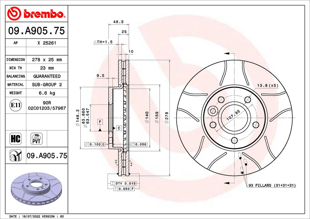 Bremsscheibe Vorderachse Brembo 09.A905.75 von Brembo