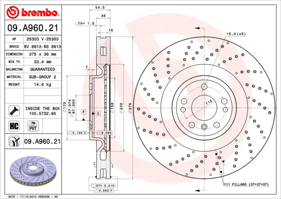 Bremsscheibe Vorderachse Brembo 09.A960.21 von Brembo