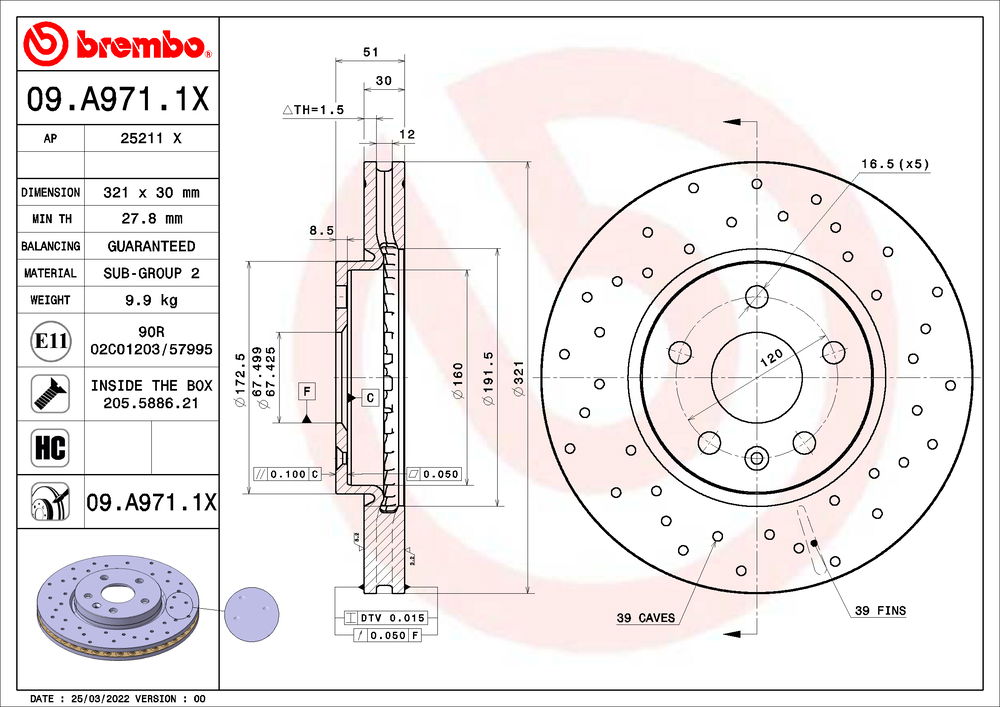 Bremsscheibe Vorderachse Brembo 09.A971.1X von Brembo