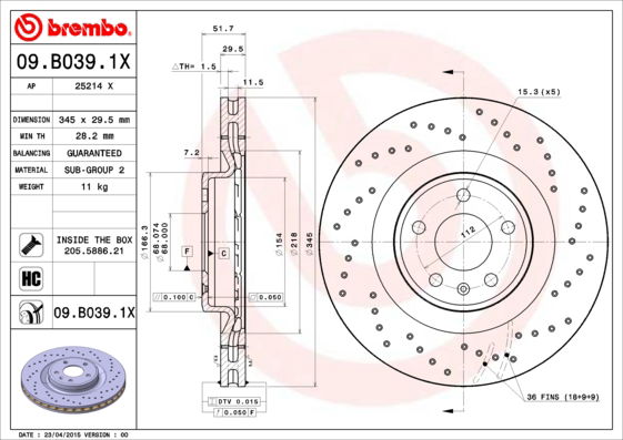 Bremsscheibe Vorderachse Brembo 09.B039.1X von Brembo