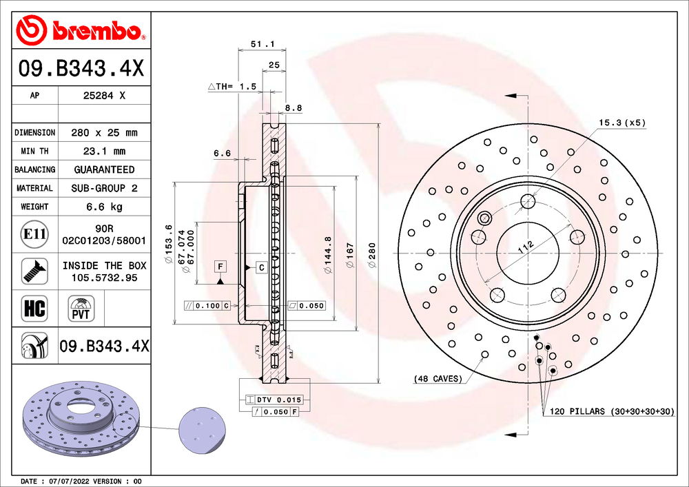 Bremsscheibe Vorderachse Brembo 09.B343.4X von Brembo