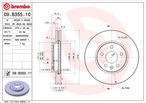 Bremsscheibe Vorderachse Brembo 09.B355.11 von Brembo