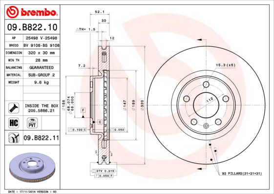 Bremsscheibe Vorderachse Brembo 09.B822.11 von Brembo