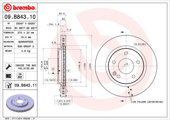 Bremsscheibe Vorderachse Brembo 09.B843.11 von Brembo