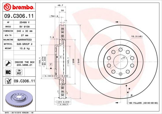 Bremsscheibe Vorderachse Brembo 09.C306.11 von Brembo